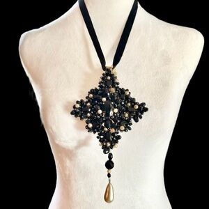 Andrew GN Paris Pearl & Black Beads Statement Necklace